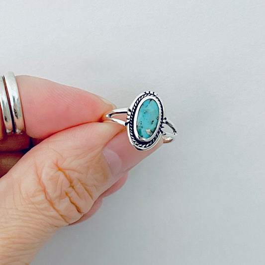 Sterling Silver Oval Genuine Turquoise Ring with Braid, Statement Stone Jewelry