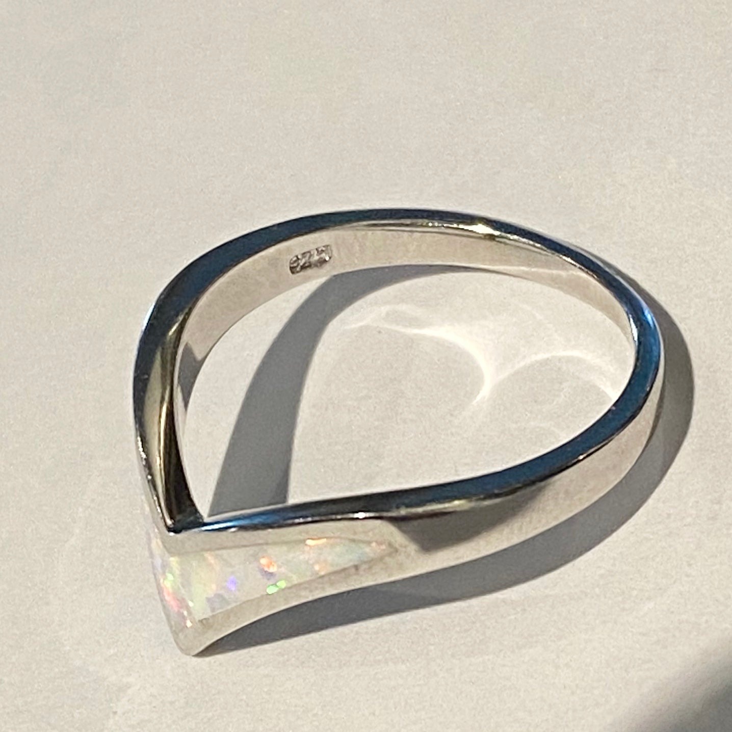 Sterling Silver V Shape White Lab Opal Ring, Silver Chevron Rings