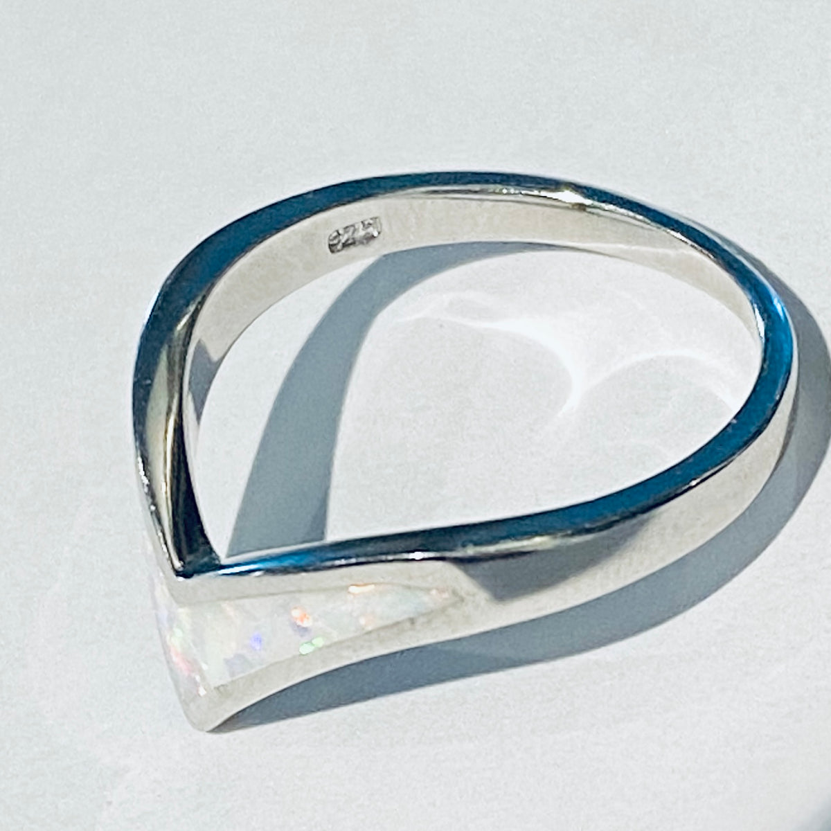 925 Sterling Silver V Shape White Lab Opal Ring | Chevron October Birthstone Silver Rings