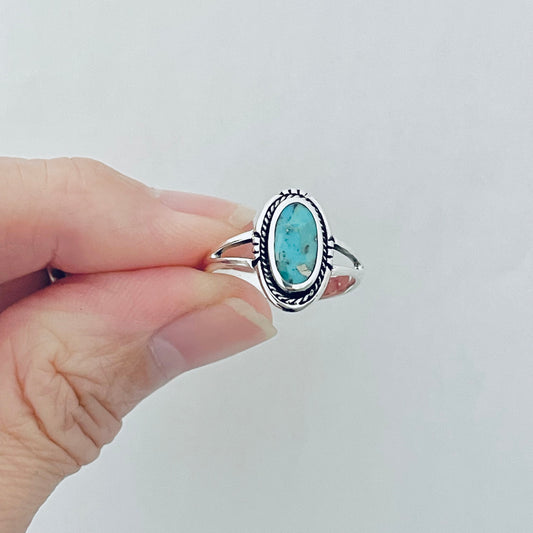 Sterling Silver Oval Genuine Turquoise Ring with Braid, Silver Stone Rings