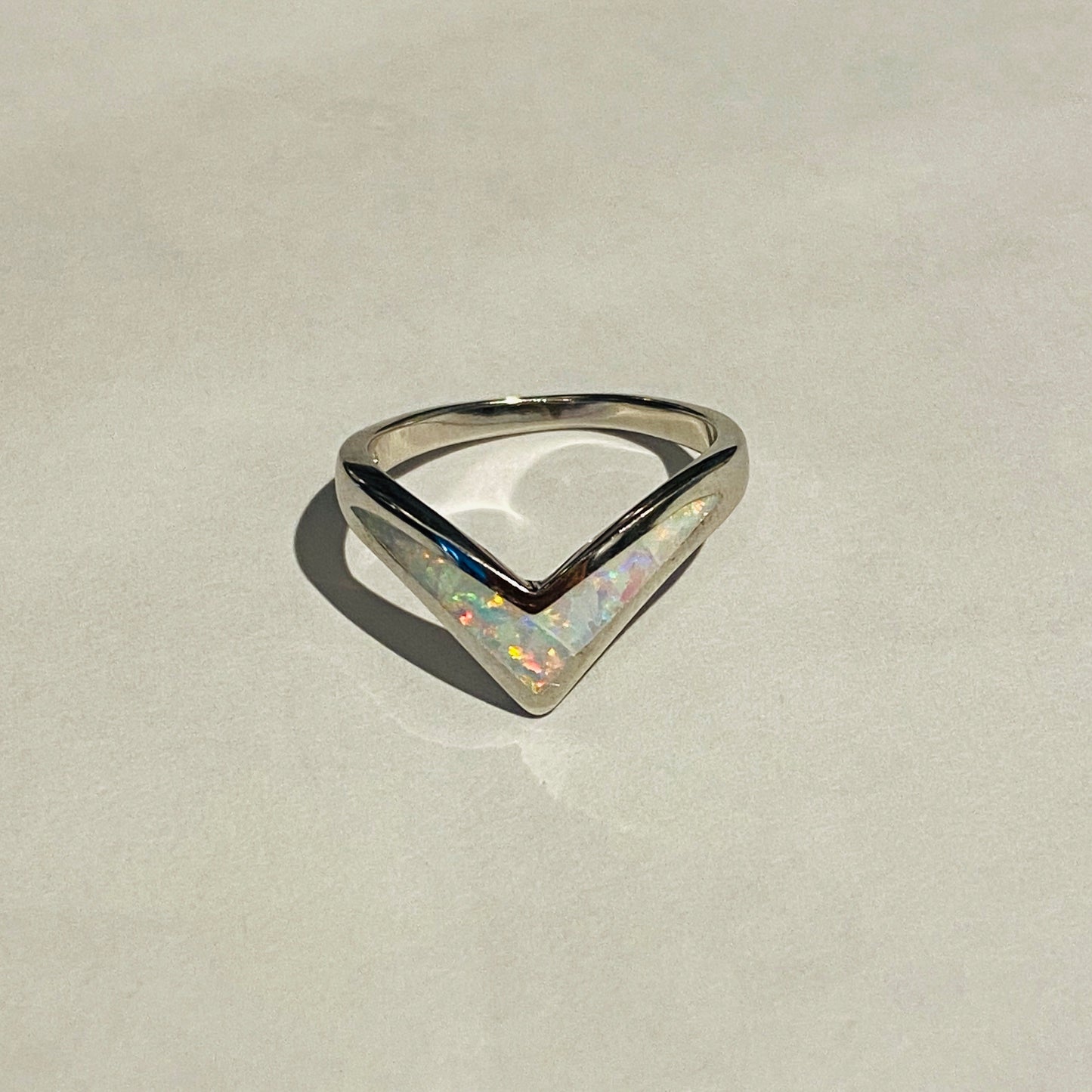 Sterling Silver V Shape White Lab Opal Ring, Silver Chevron Rings