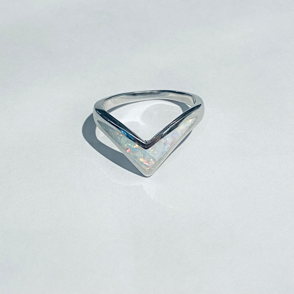 925 Sterling Silver V Shape White Lab Opal Ring | Chevron October Birthstone Silver Rings