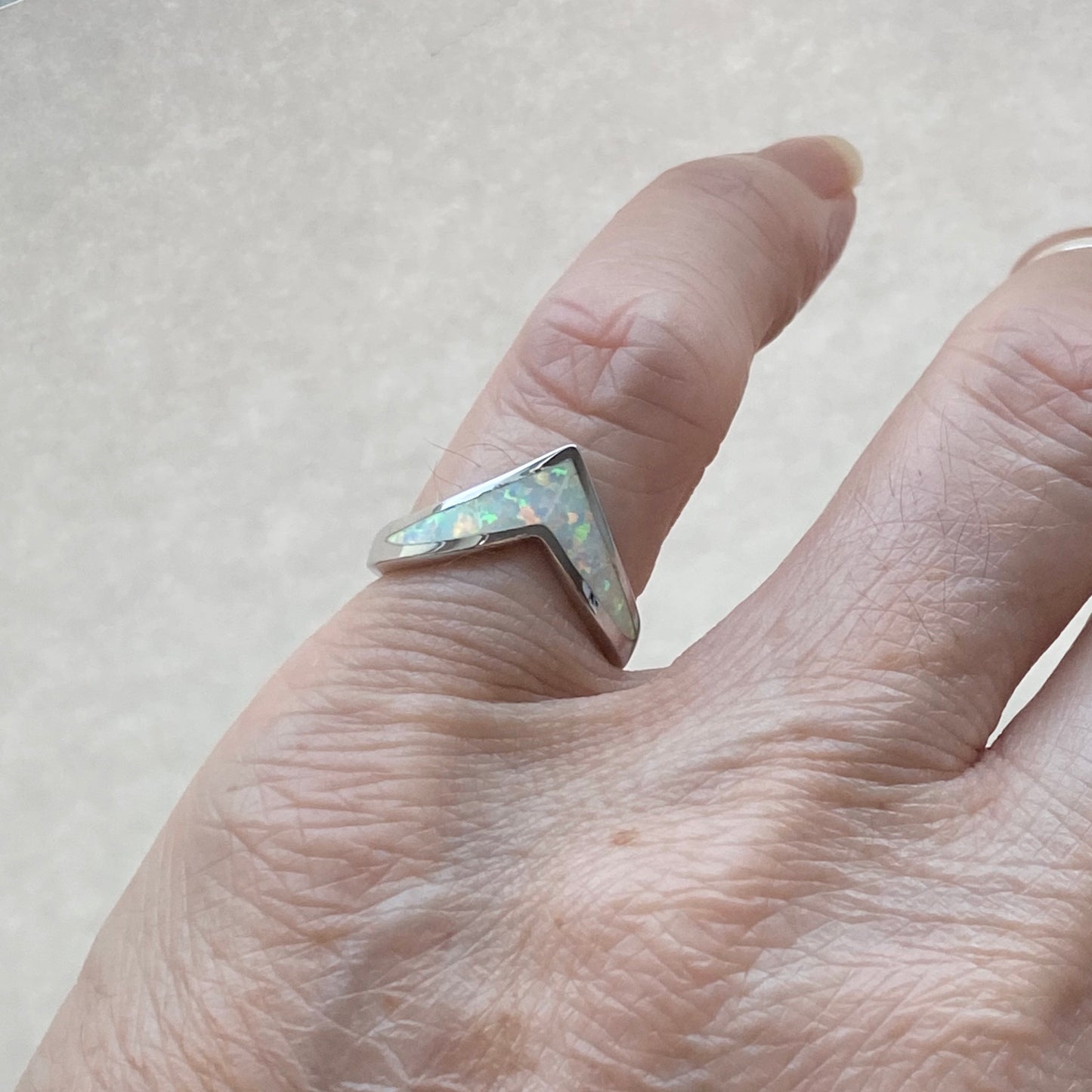 Sterling Silver V Shape White Lab Opal Ring, Silver Chevron Rings