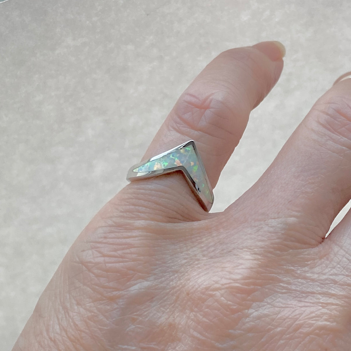 925 Sterling Silver V Shape White Lab Opal Ring | Chevron October Birthstone Silver Rings