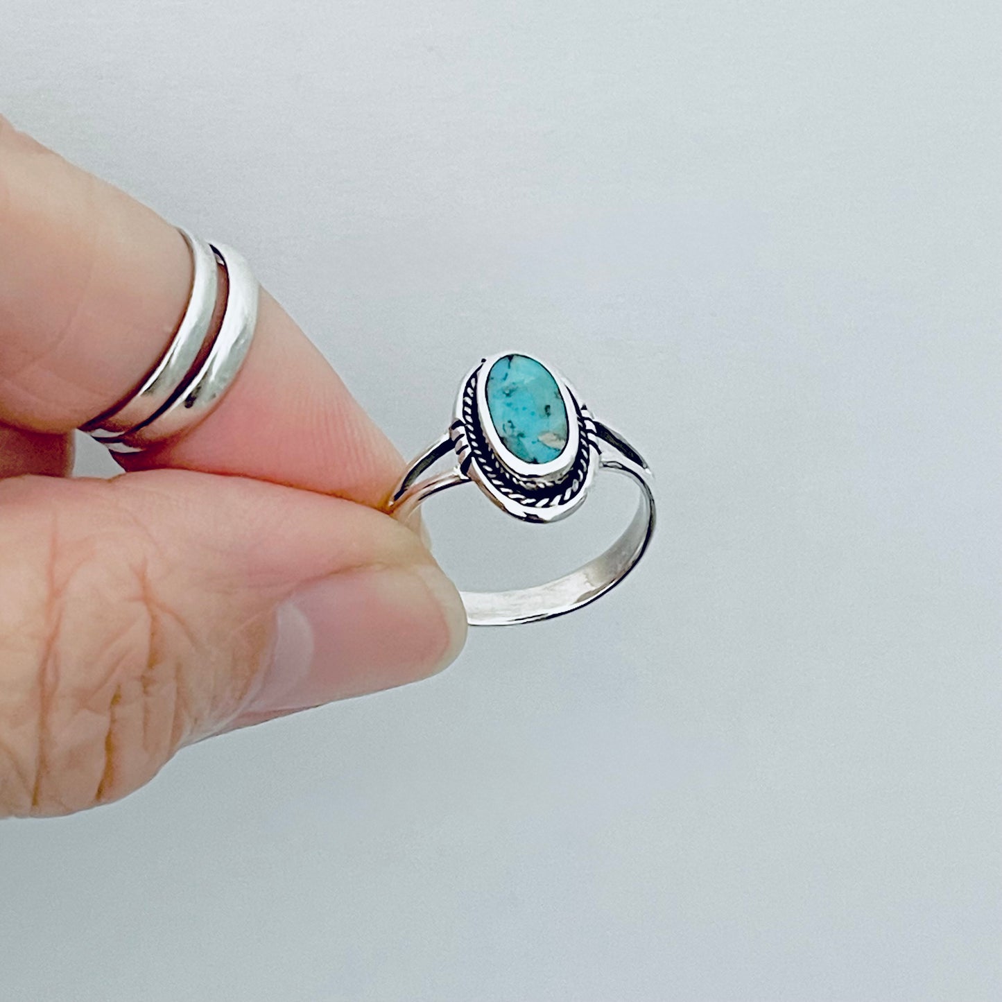 Sterling Silver Oval Genuine Turquoise Ring with Braid, Statement Stone Jewelry