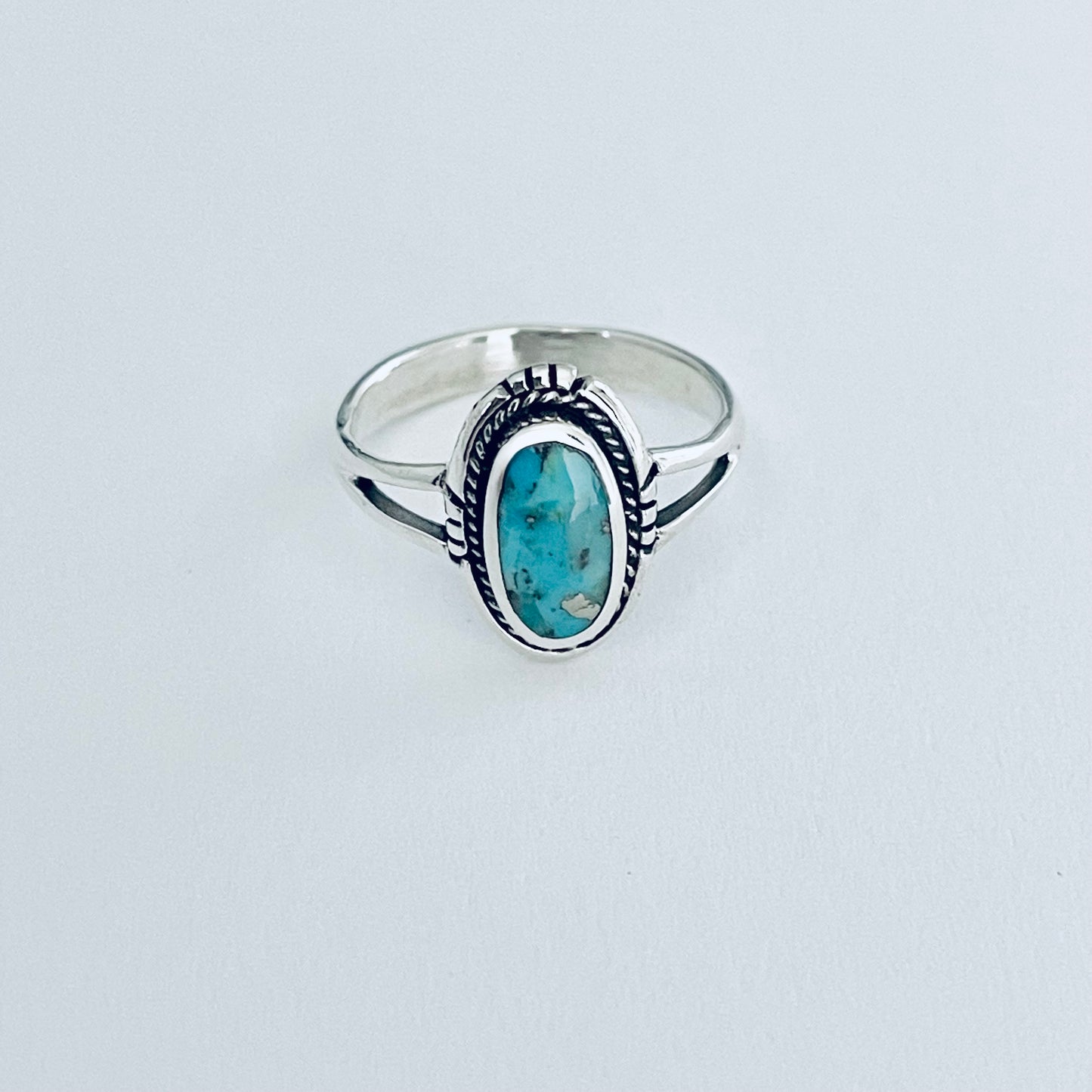 Sterling Silver Oval Genuine Turquoise Ring with Braid, Statement Stone Jewelry