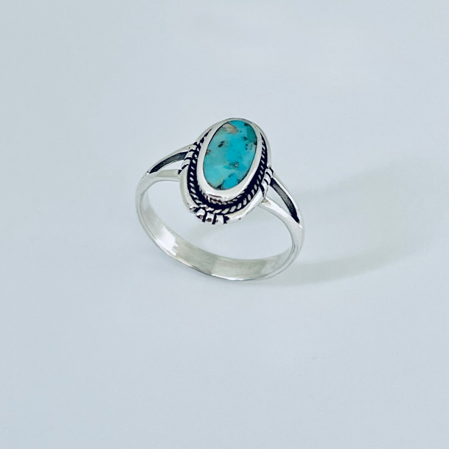 Sterling Silver Oval Genuine Turquoise Ring with Braid, Statement Stone Jewelry