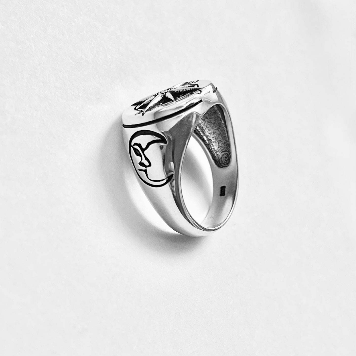 925 Sterling Silver Lunar Navigator Unisex Heavy Compass Ring | Moon Face Celestial Silver Rings