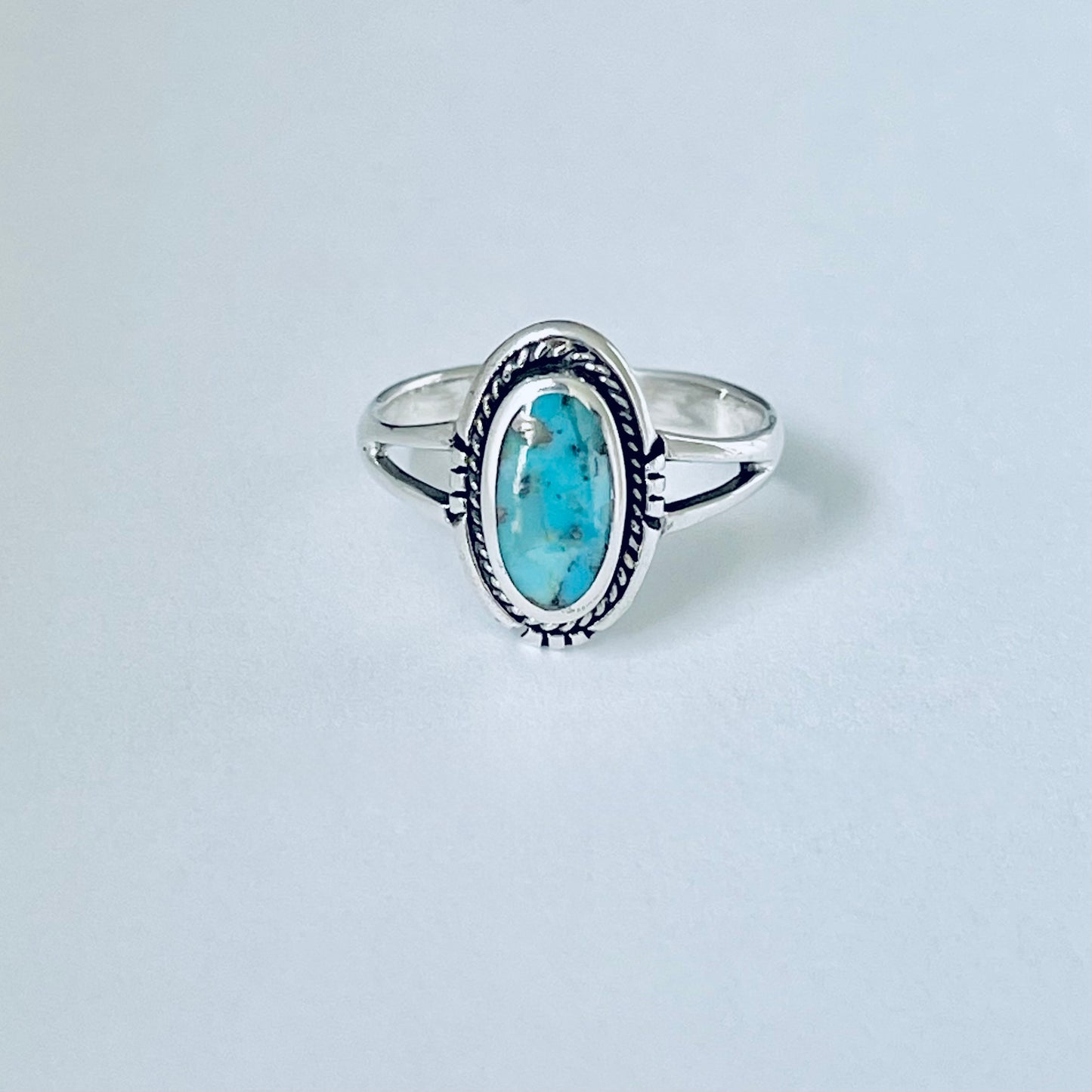 Sterling Silver Oval Genuine Turquoise Ring with Braid, Statement Stone Jewelry