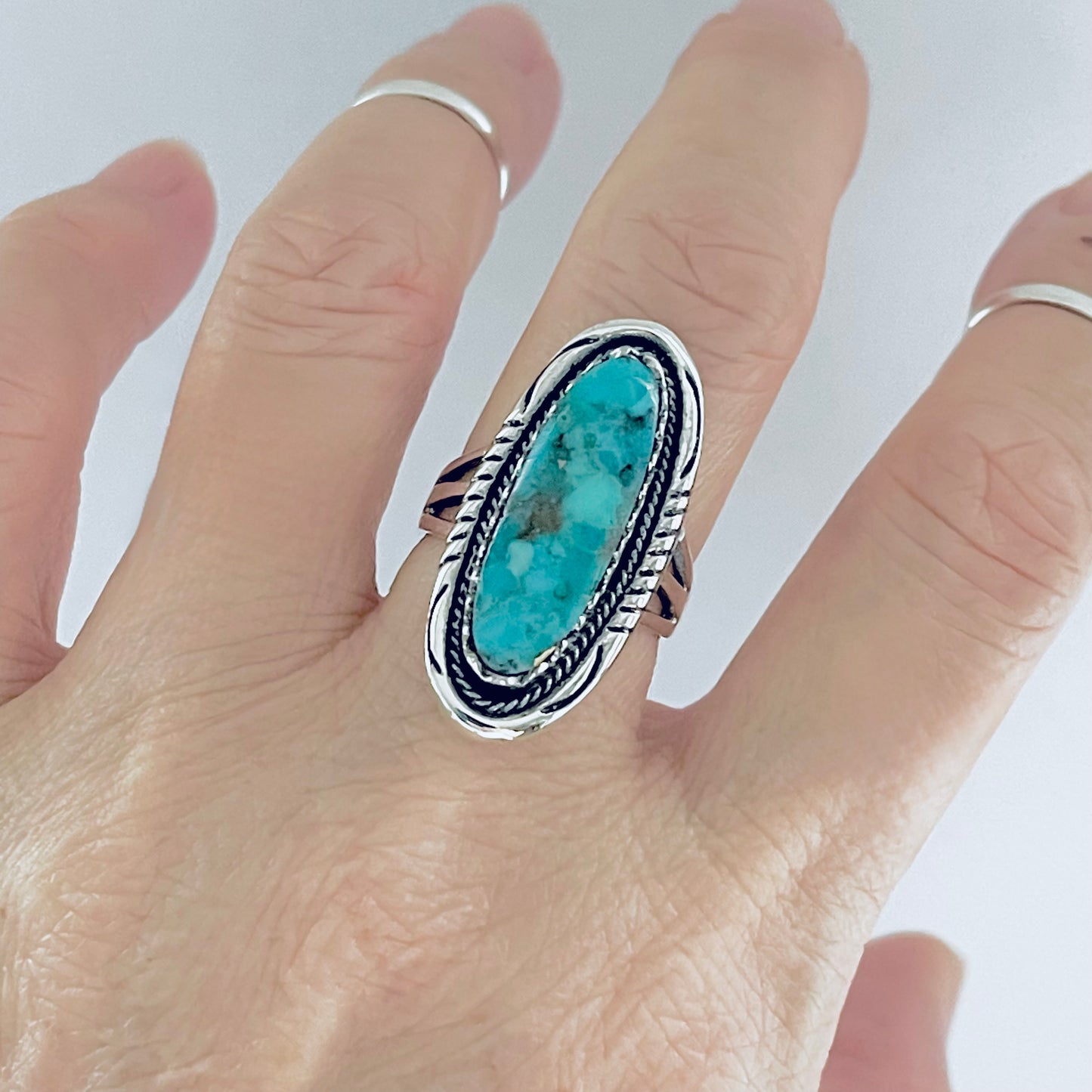 Sterling Silver Heavy Long Oval Genuine Turquoise Ring, Statement Boho Jewelry