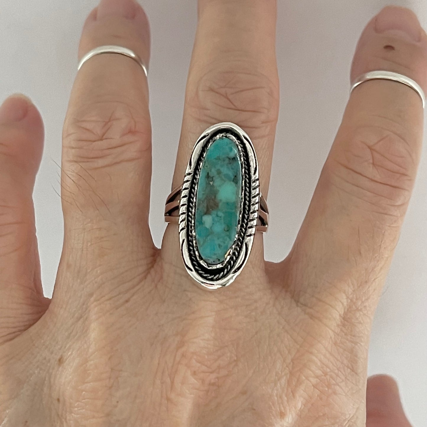 Sterling Silver Heavy Long Oval Genuine Turquoise Ring, Statement Silver Ring