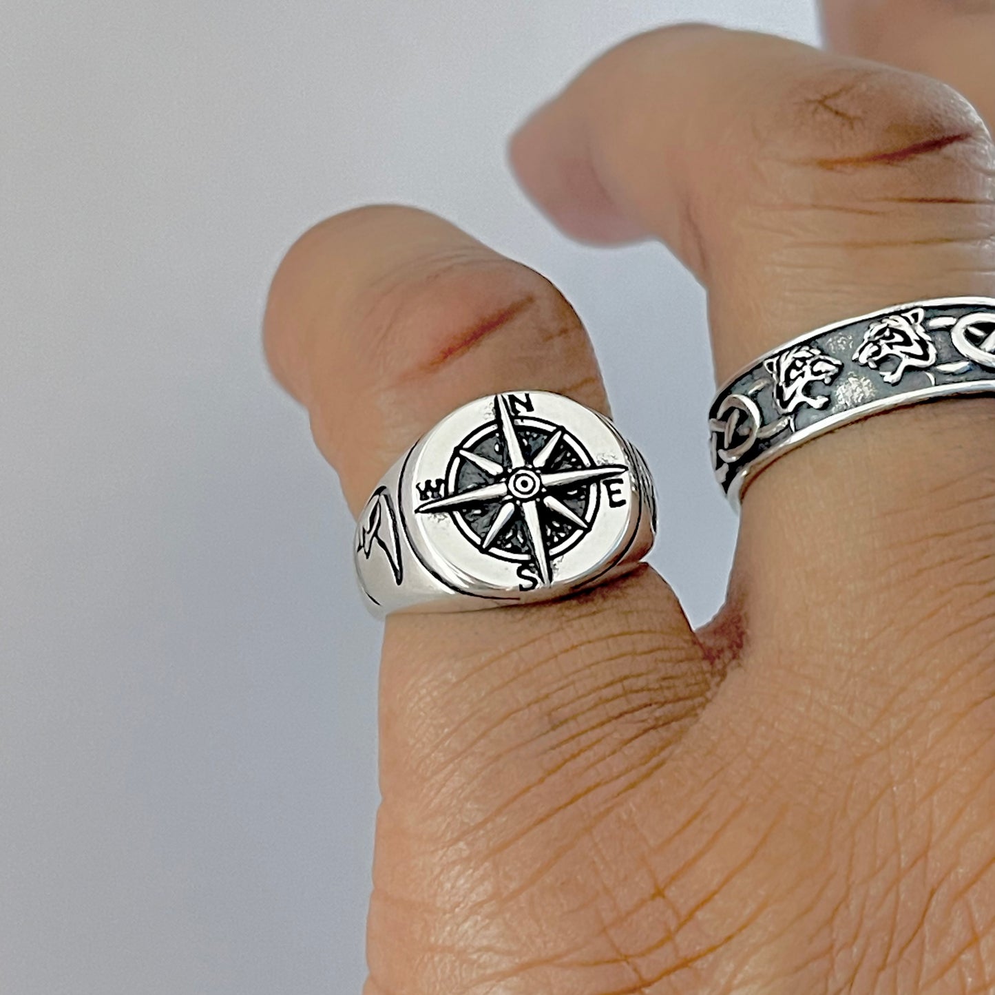 925 Sterling Silver Lunar Navigator Unisex Heavy Compass Ring | Moon Face Celestial Silver Rings
