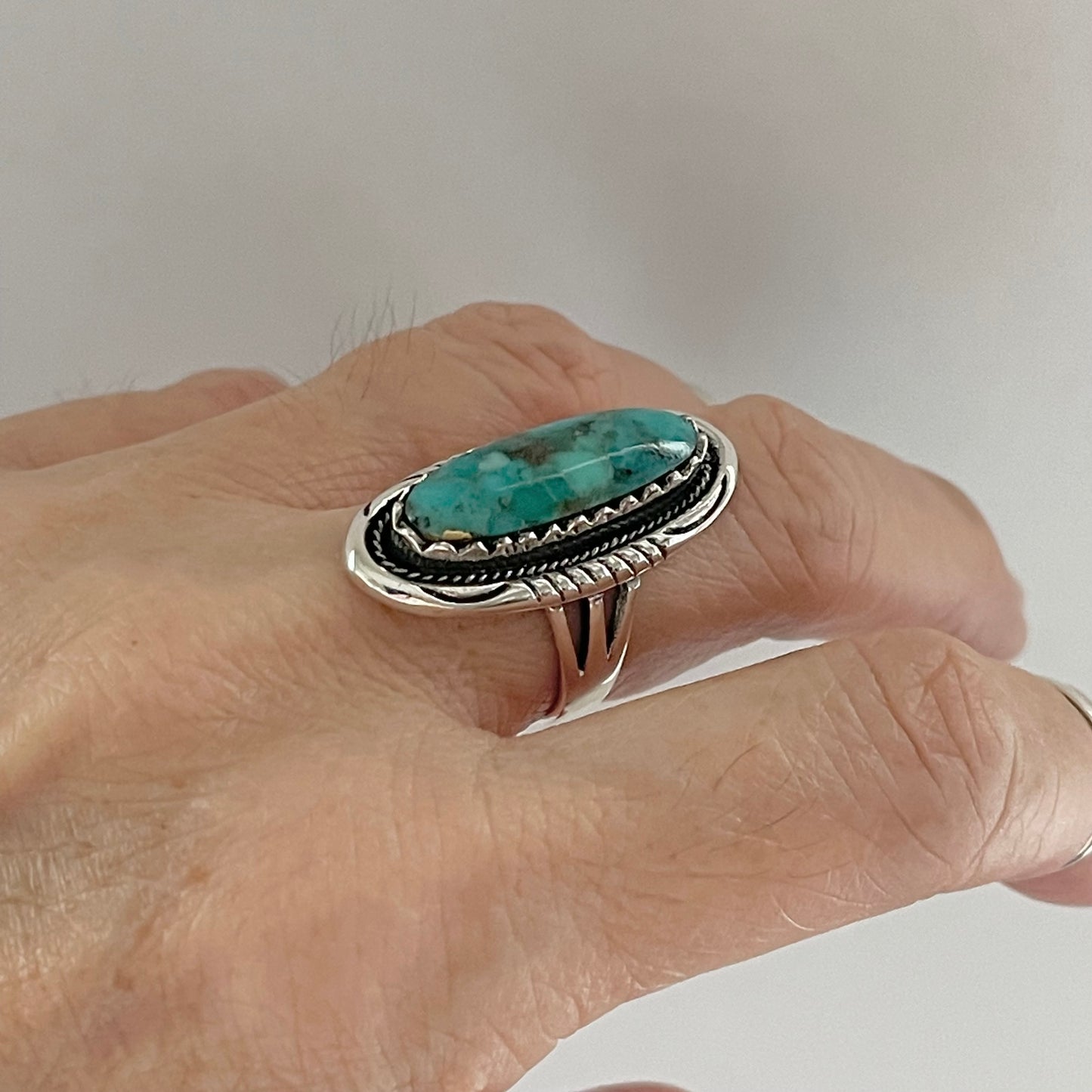 Sterling Silver Heavy Long Oval Genuine Turquoise Ring, Statement Silver Ring