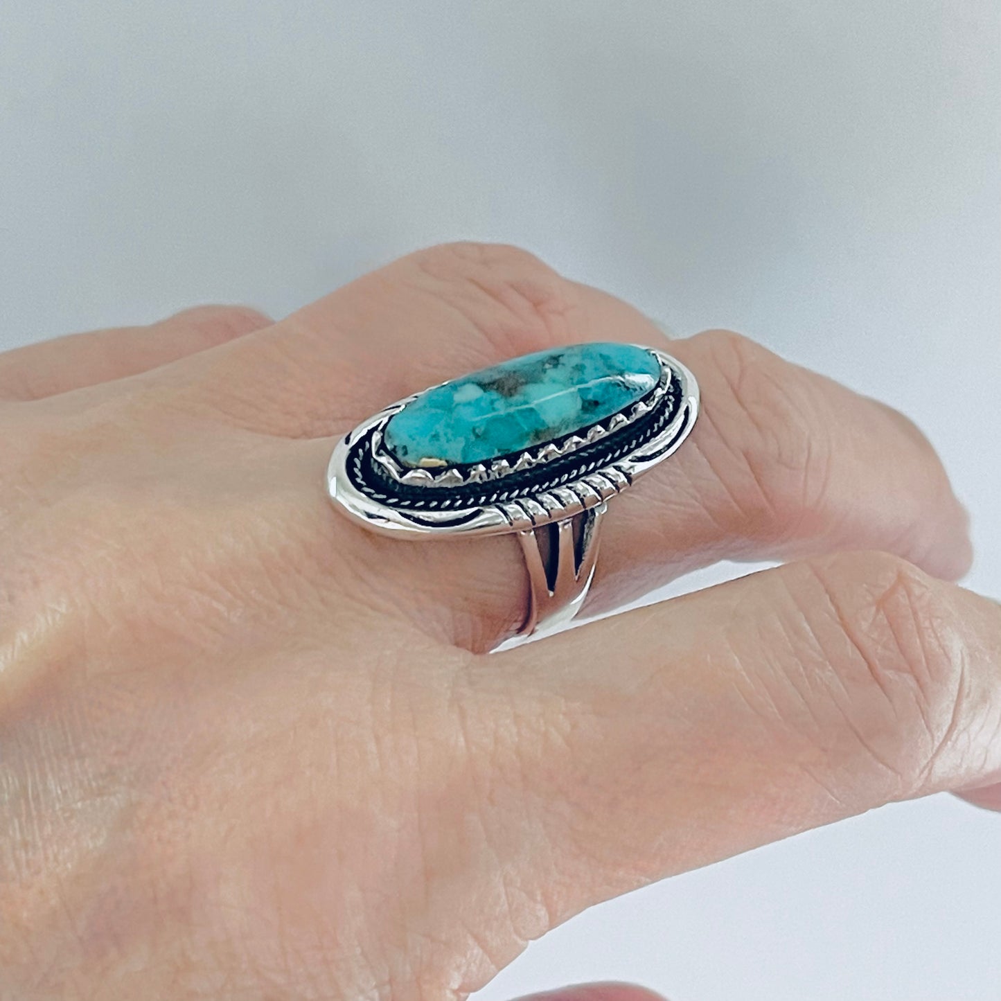 Sterling Silver Heavy Long Oval Genuine Turquoise Ring, Statement Boho Jewelry