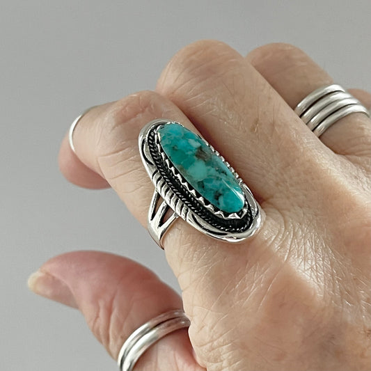 Sterling Silver Heavy Long Oval Genuine Turquoise Ring, Statement Silver Ring