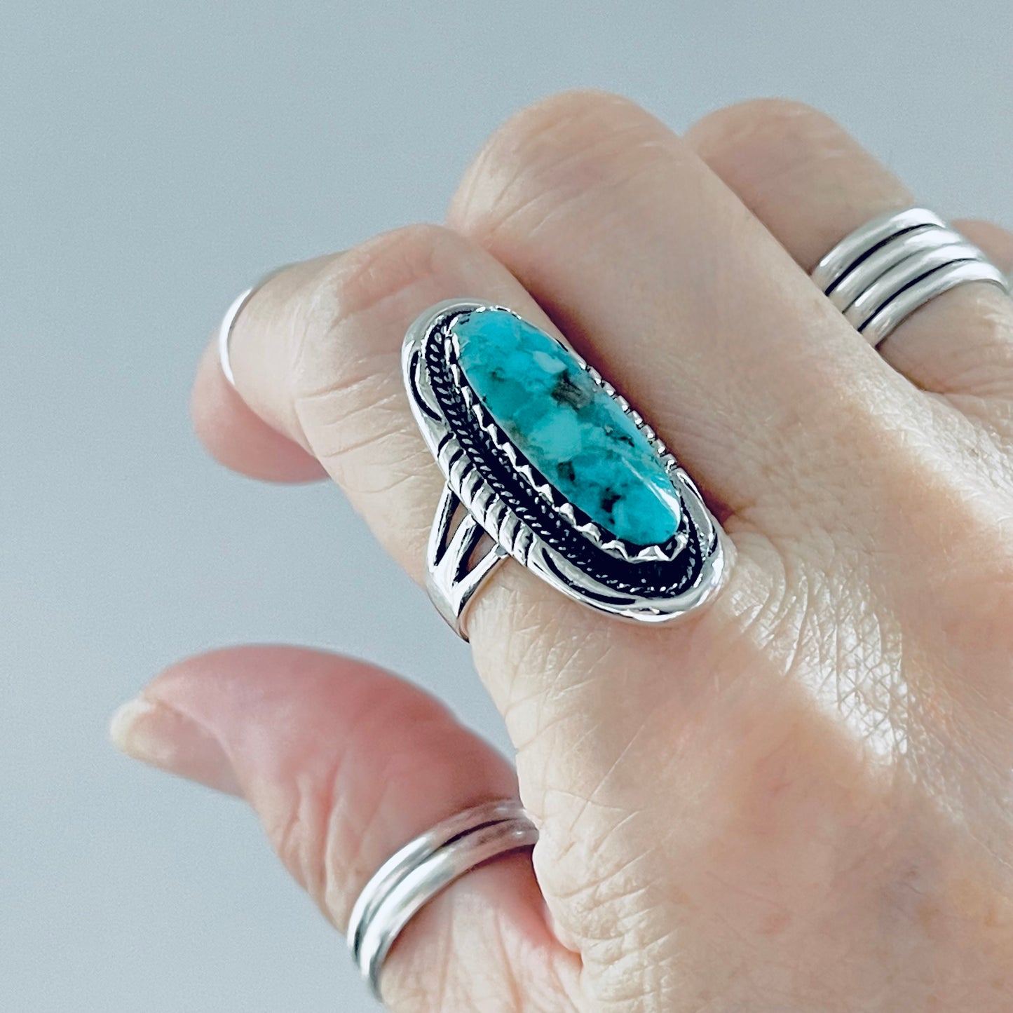 Sterling Silver Heavy Long Oval Genuine Turquoise Ring, Statement Boho Jewelry