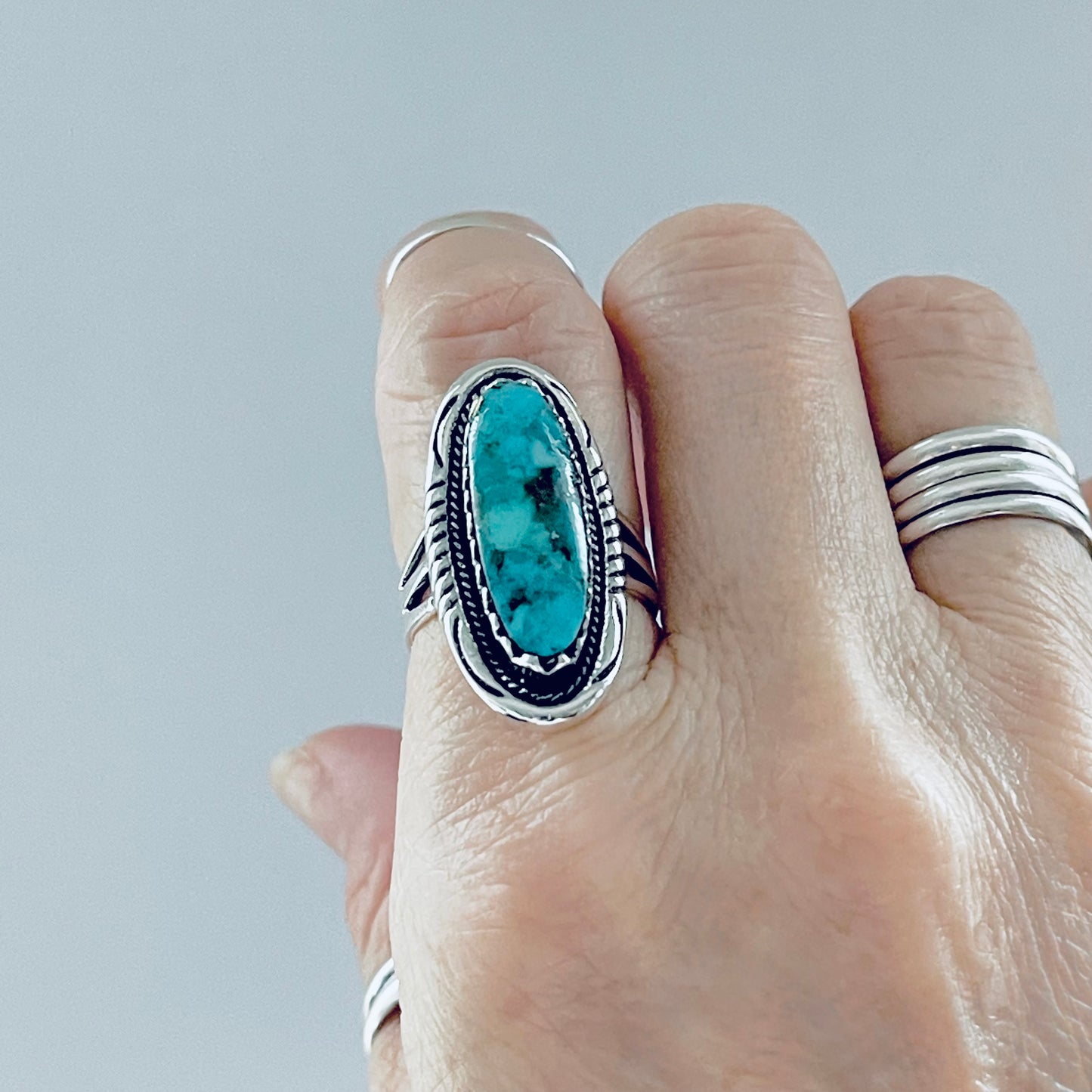 Sterling Silver Heavy Long Oval Genuine Turquoise Ring, Statement Boho Jewelry