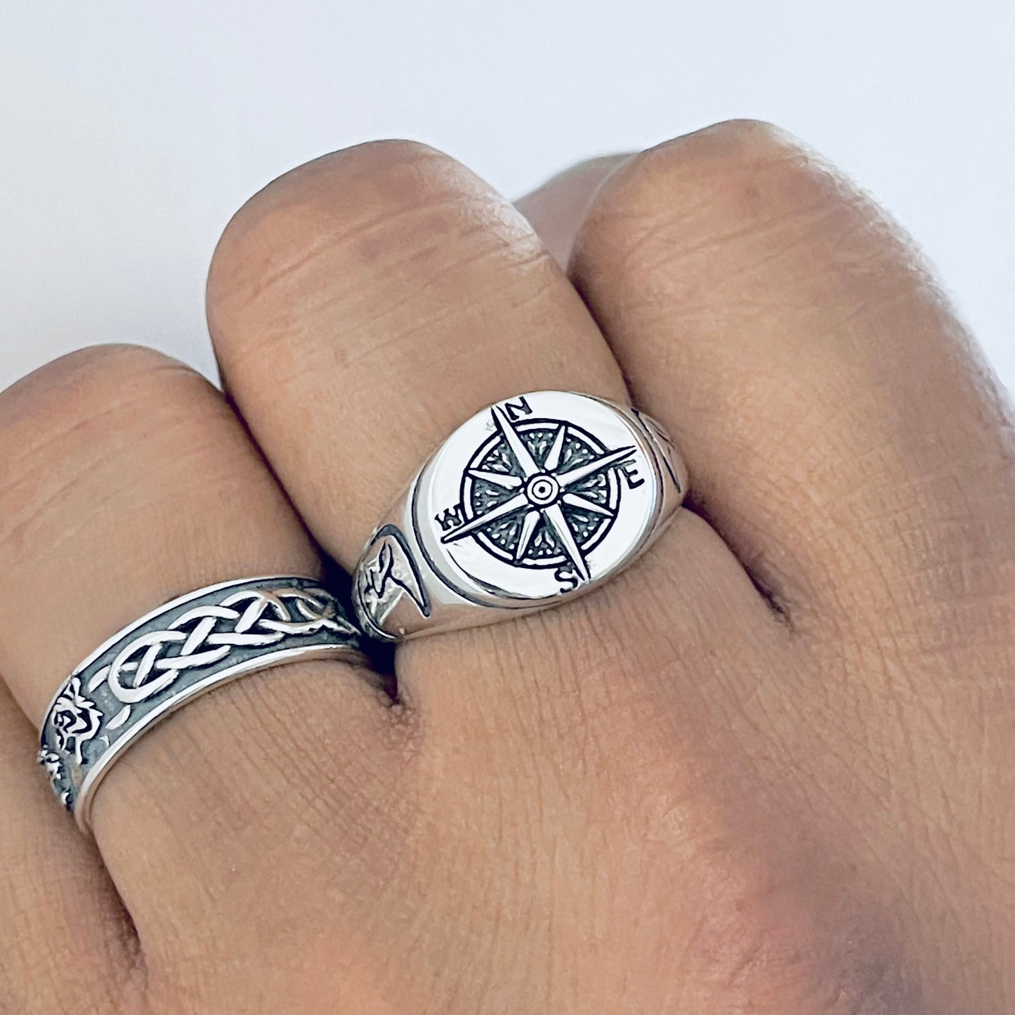 925 Sterling Silver Lunar Navigator Unisex Heavy Compass Ring | Moon Face Celestial Silver Rings