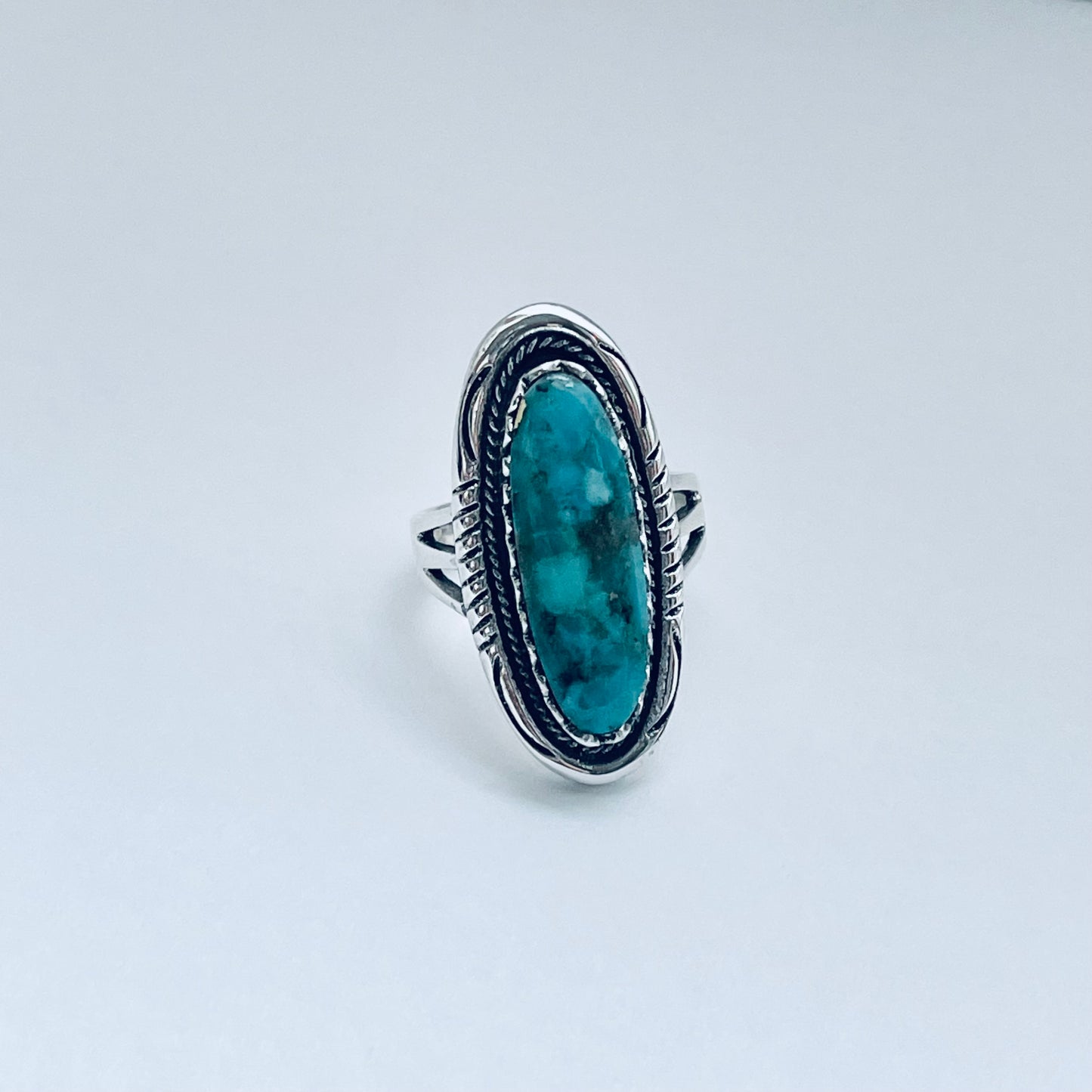 Sterling Silver Heavy Long Oval Genuine Turquoise Ring, Statement Silver Ring