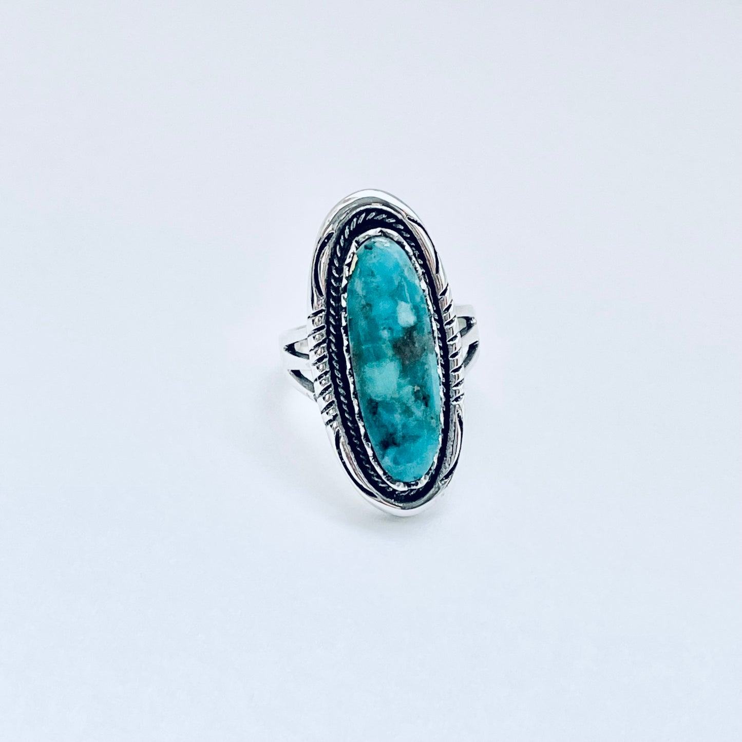 Sterling Silver Heavy Long Oval Genuine Turquoise Ring, Statement Boho Jewelry