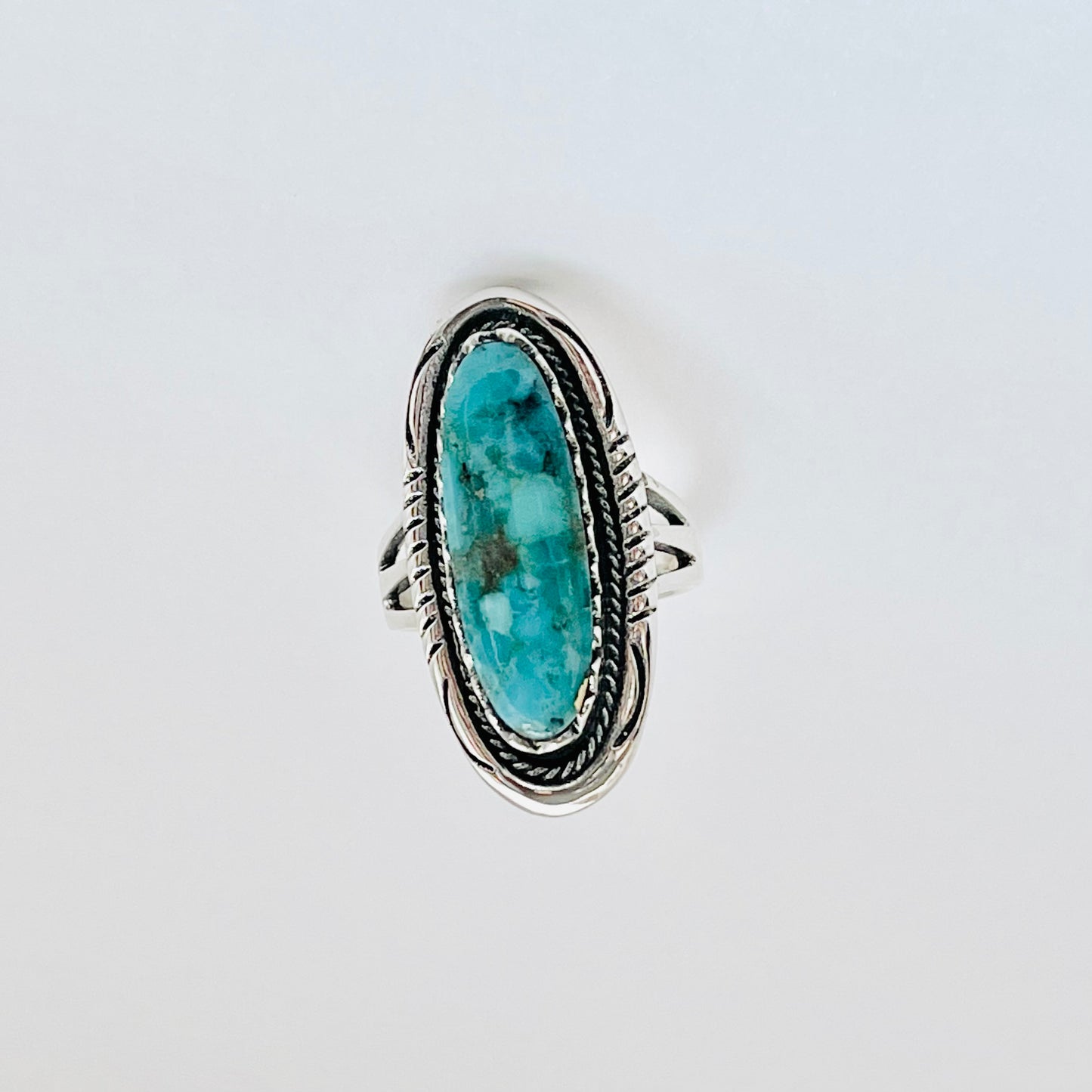 Sterling Silver Heavy Long Oval Genuine Turquoise Ring, Statement Boho Jewelry
