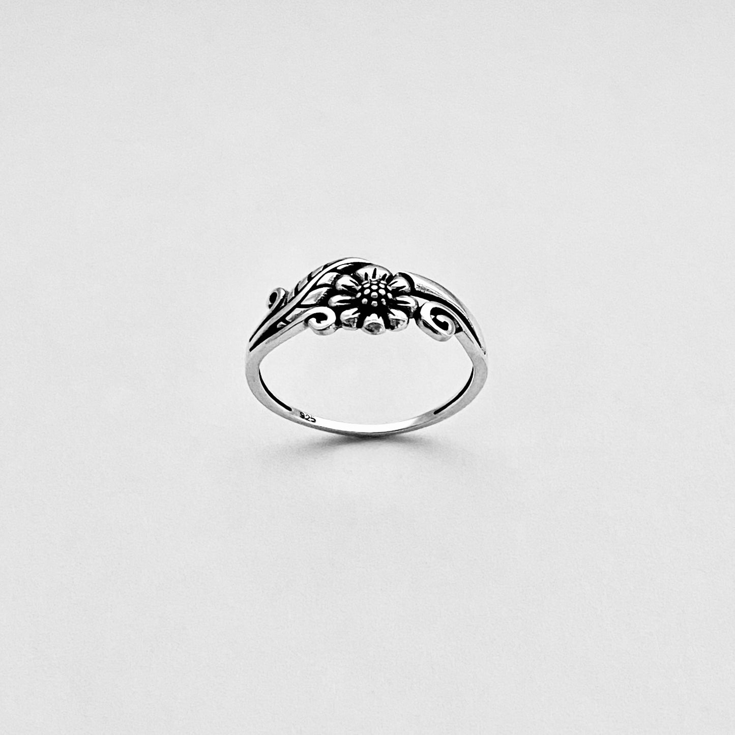 Sterling Silver Small Dainty Sunflower Ring with Leaf, Flower Jewelry