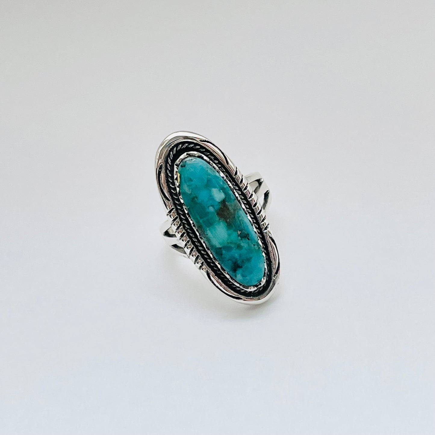 Sterling Silver Heavy Long Oval Genuine Turquoise Ring, Statement Silver Ring