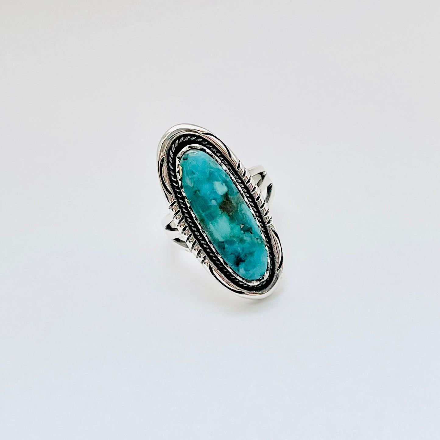 Sterling Silver Heavy Long Oval Genuine Turquoise Ring, Statement Boho Jewelry