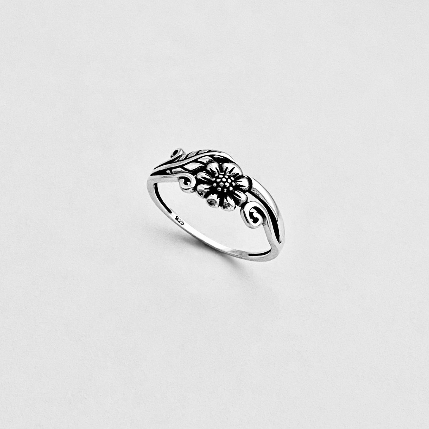 Sterling Silver Small Dainty Sunflower Ring with Leaf, Flower Jewelry