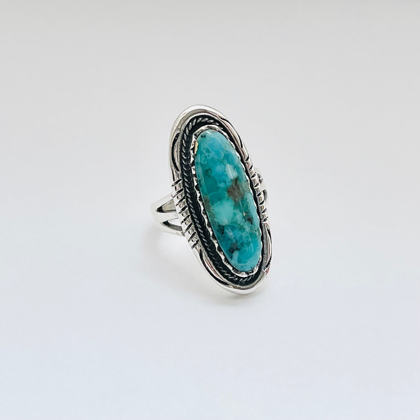 Sterling Silver Heavy Long Oval Genuine Turquoise Ring, Statement Silver Ring