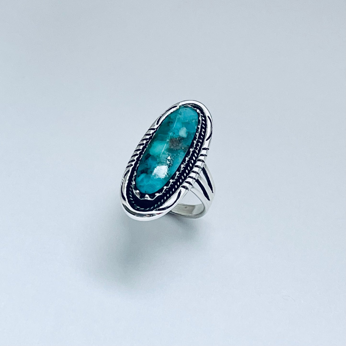 Sterling Silver Heavy Long Oval Genuine Turquoise Ring, Statement Silver Ring