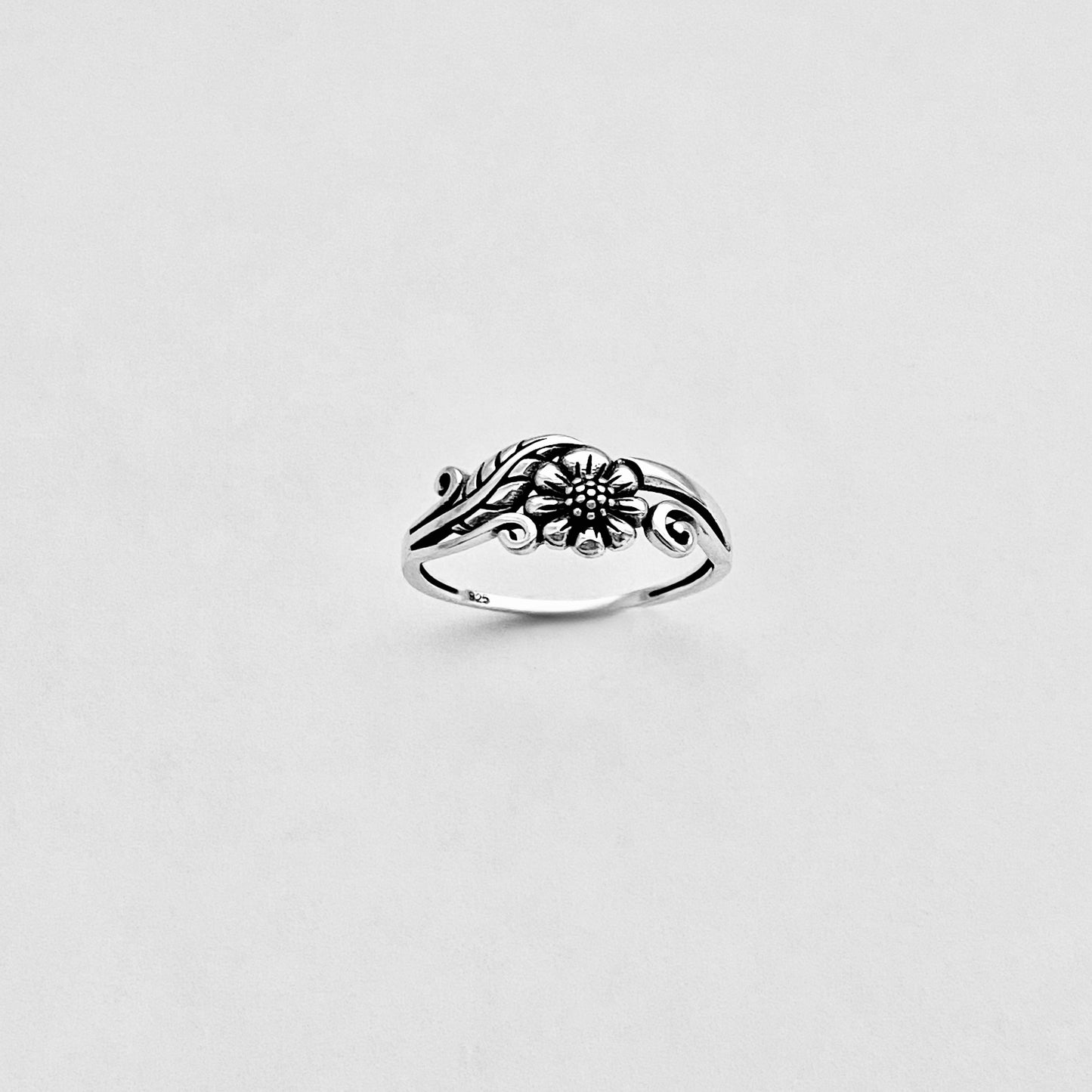 Sterling Silver Small Dainty Sunflower Ring with Leaf, Flower Jewelry