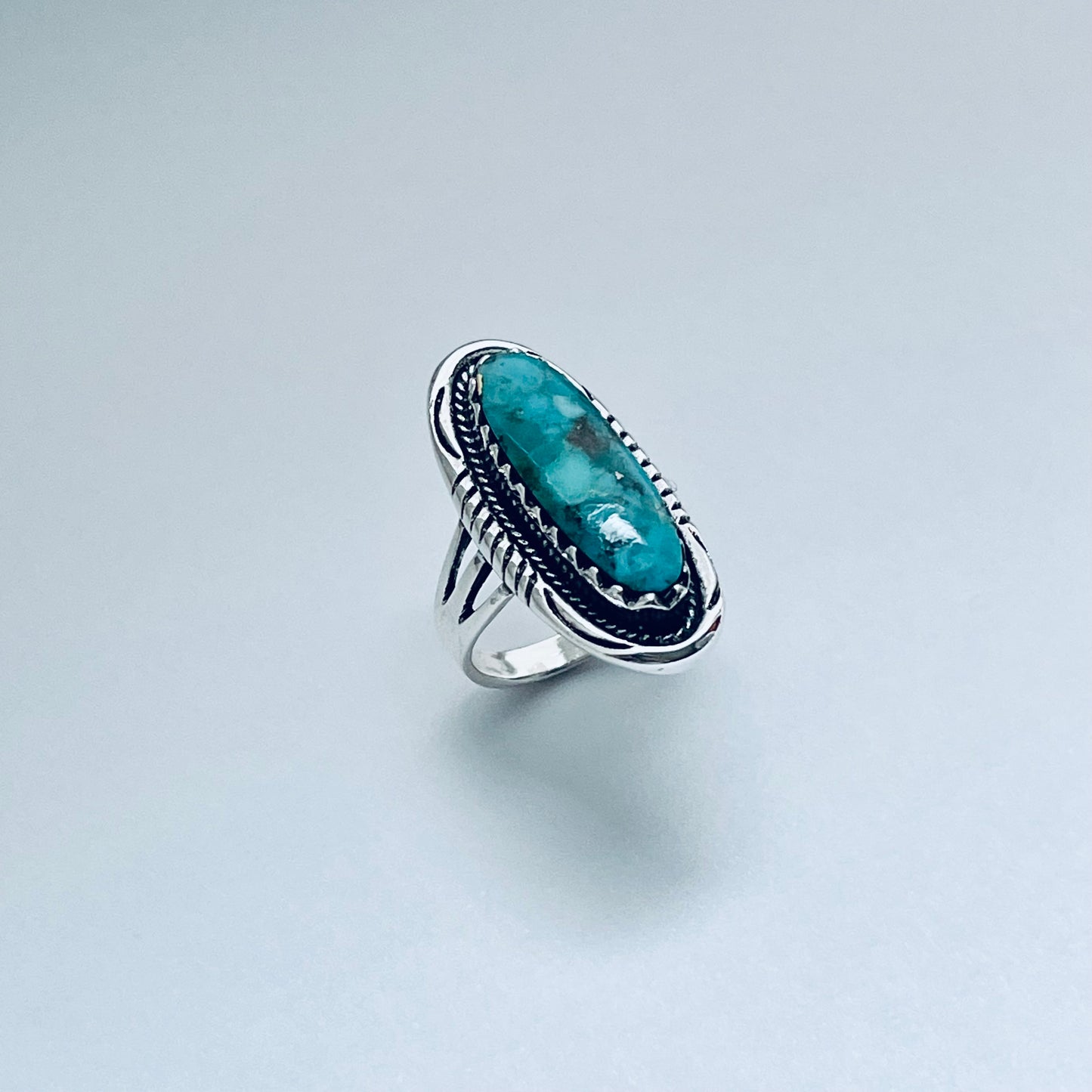 Sterling Silver Heavy Long Oval Genuine Turquoise Ring, Statement Silver Ring