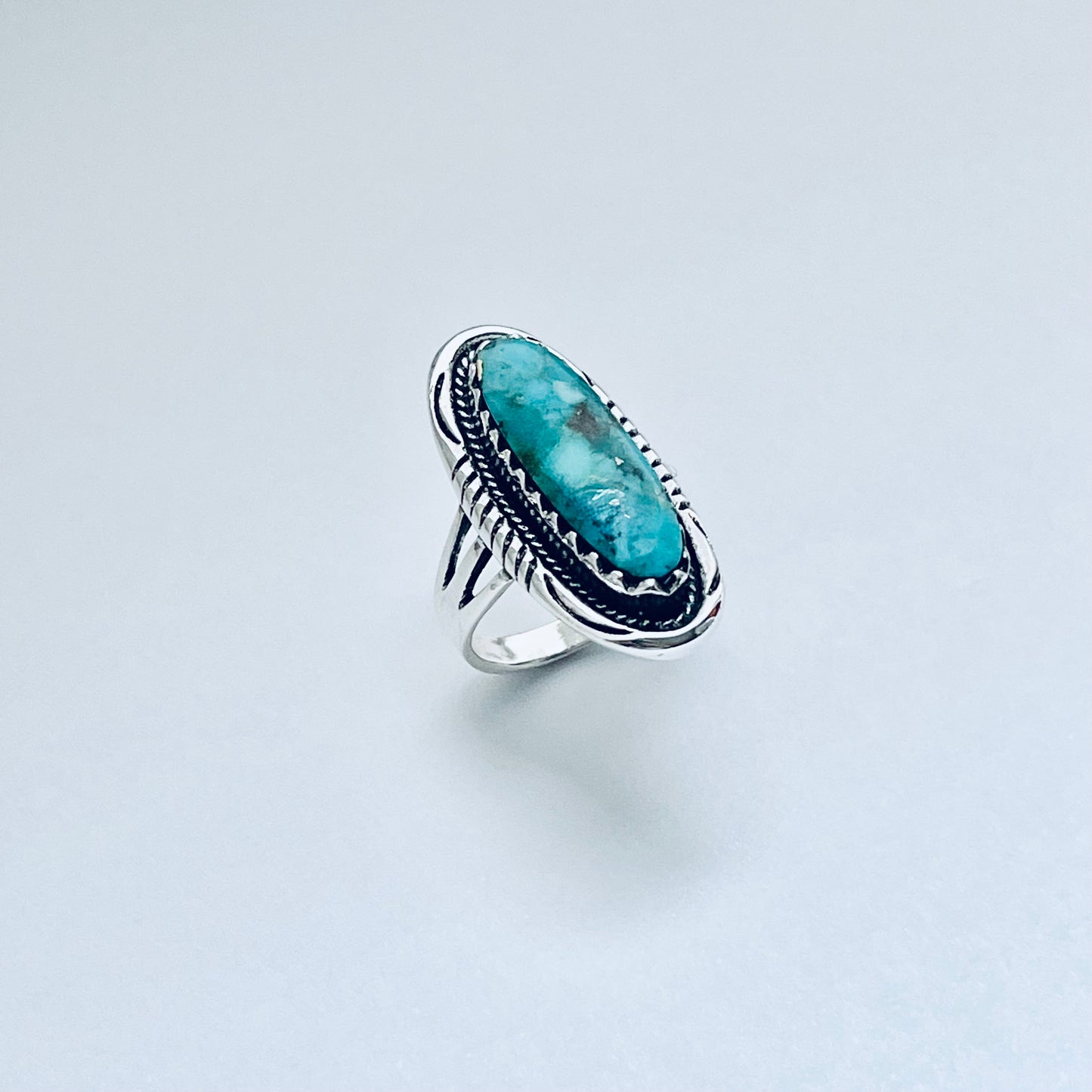 Sterling Silver Heavy Long Oval Genuine Turquoise Ring, Statement Boho Jewelry