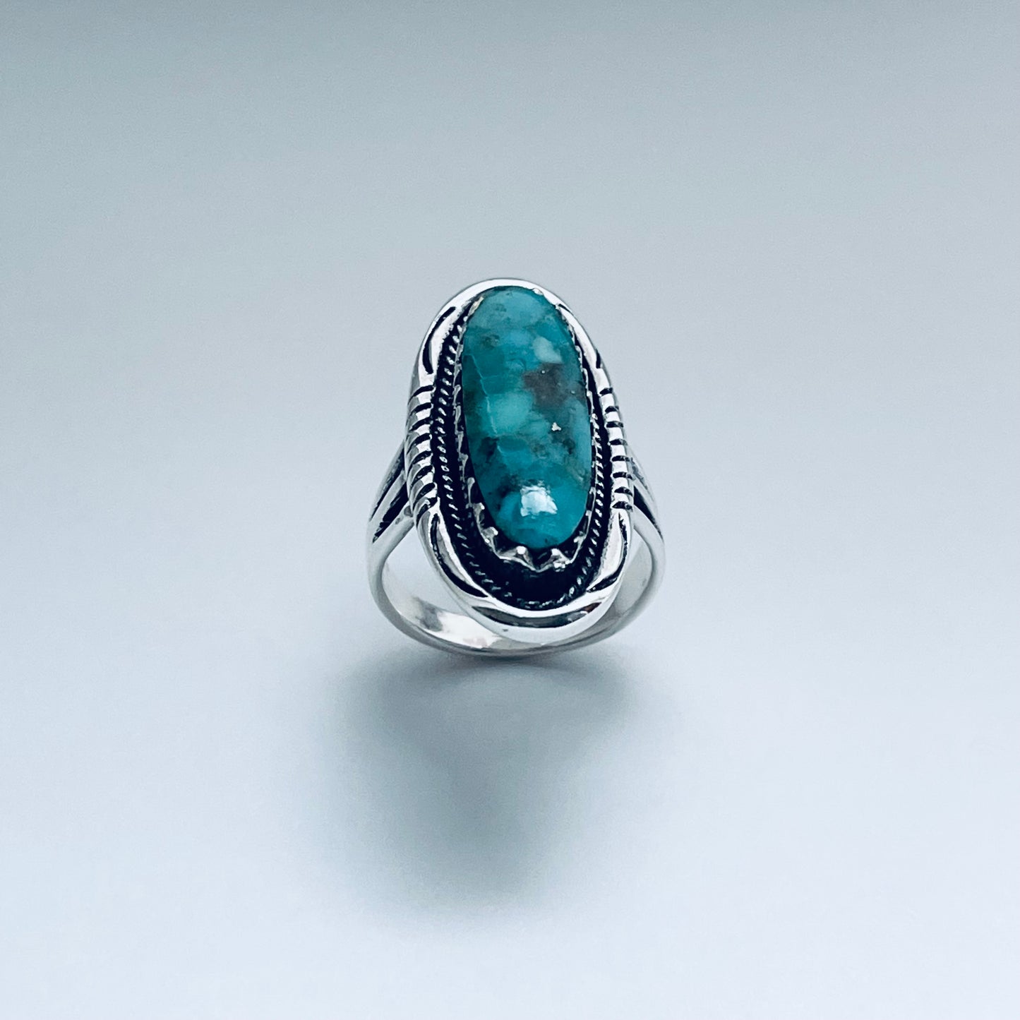 Sterling Silver Heavy Long Oval Genuine Turquoise Ring, Statement Silver Ring