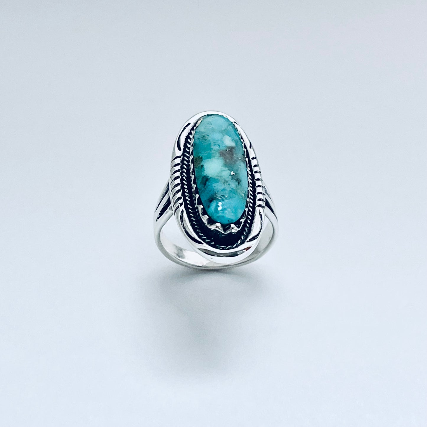 Sterling Silver Heavy Long Oval Genuine Turquoise Ring, Statement Boho Jewelry