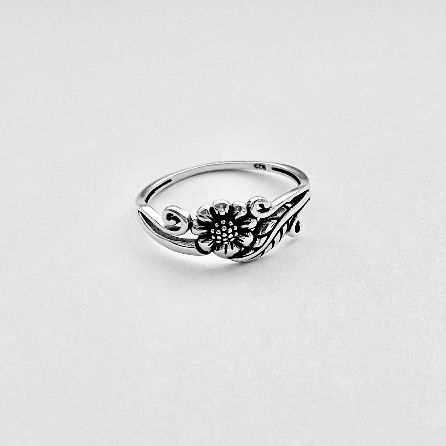 Sterling Silver Small Dainty Sunflower Ring with Leaf, Flower Jewelry