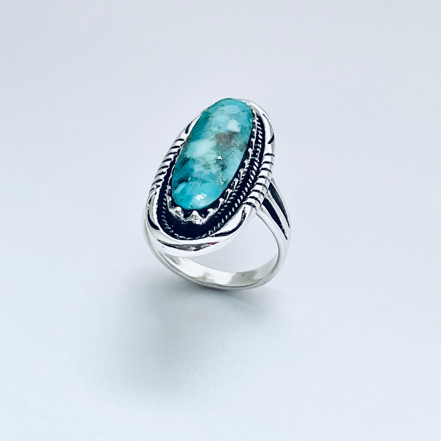 Sterling Silver Heavy Long Oval Genuine Turquoise Ring, Statement Boho Jewelry