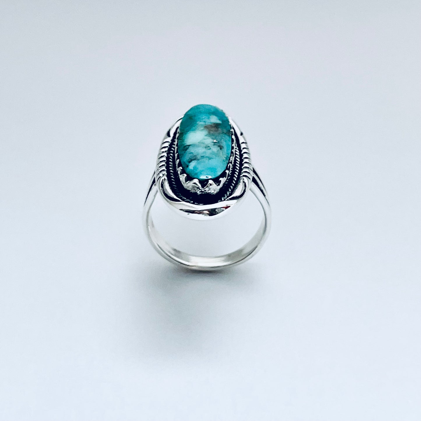 Sterling Silver Heavy Long Oval Genuine Turquoise Ring, Statement Boho Jewelry