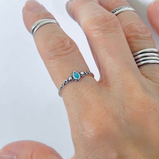 Sterling Silver Little Genuine Turquoise Ring, Dainty Diamond Shape, Stone Rings