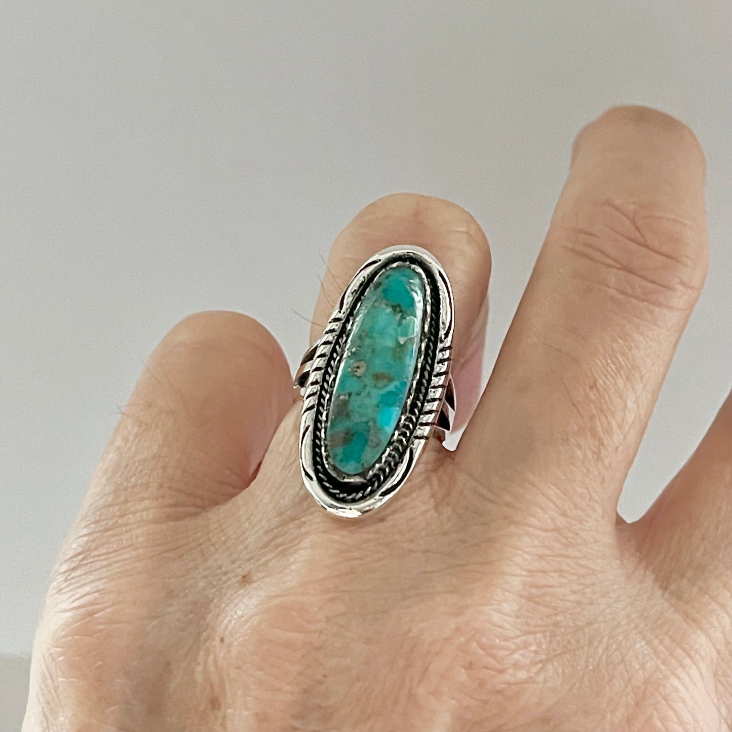 Sterling Silver Heavy Long Oval Genuine Turquoise Ring, Statement Silver Ring