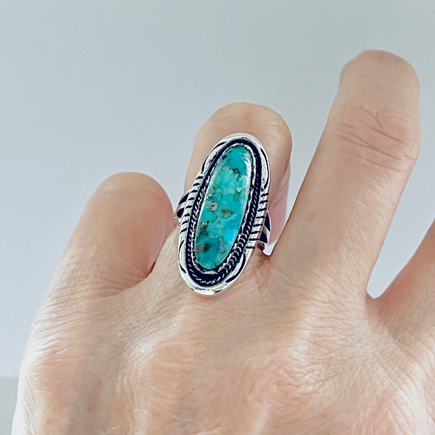 Sterling Silver Heavy Long Oval Genuine Turquoise Ring, Statement Boho Jewelry