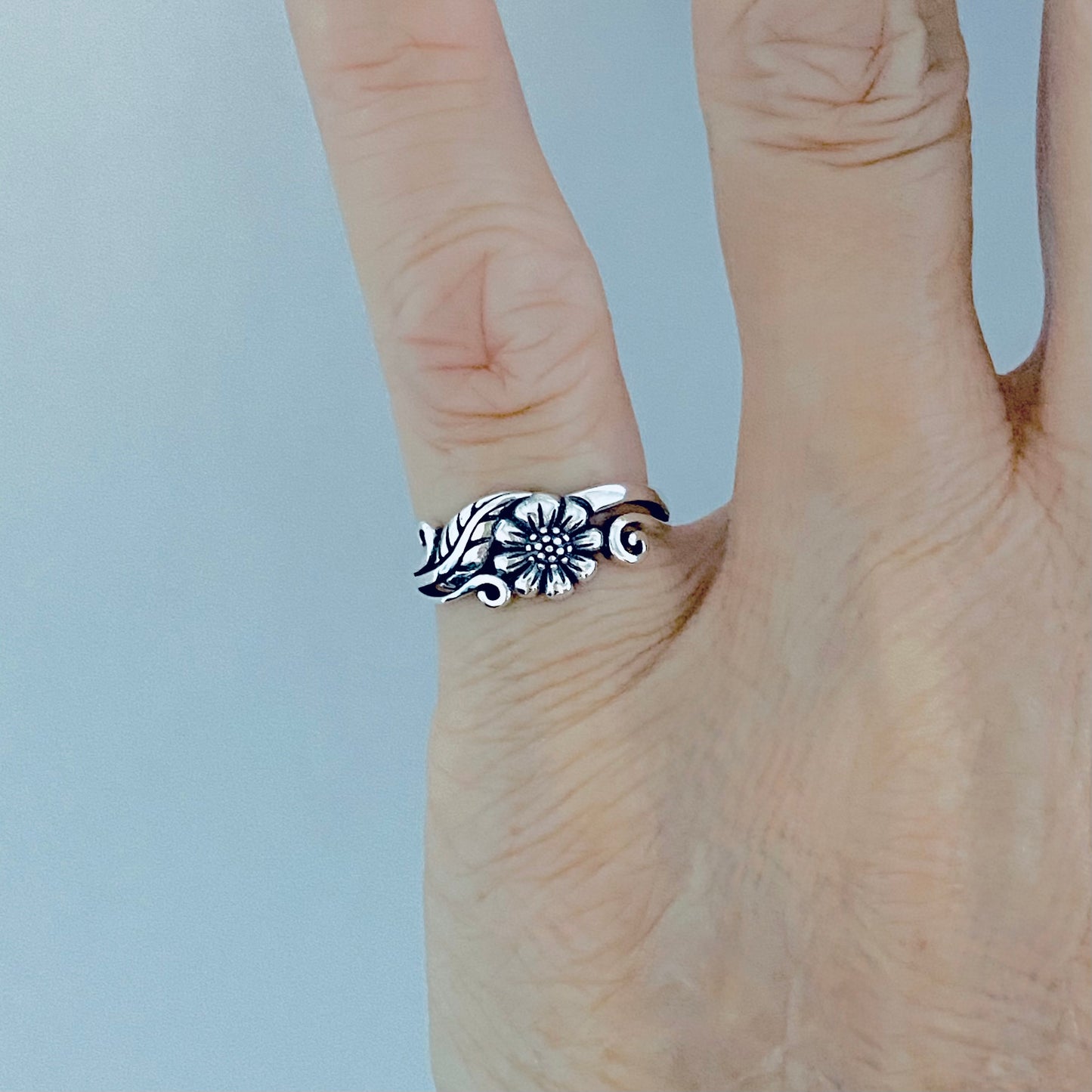 Sterling Silver Small Dainty Sunflower Ring with Leaf, Flower Jewelry