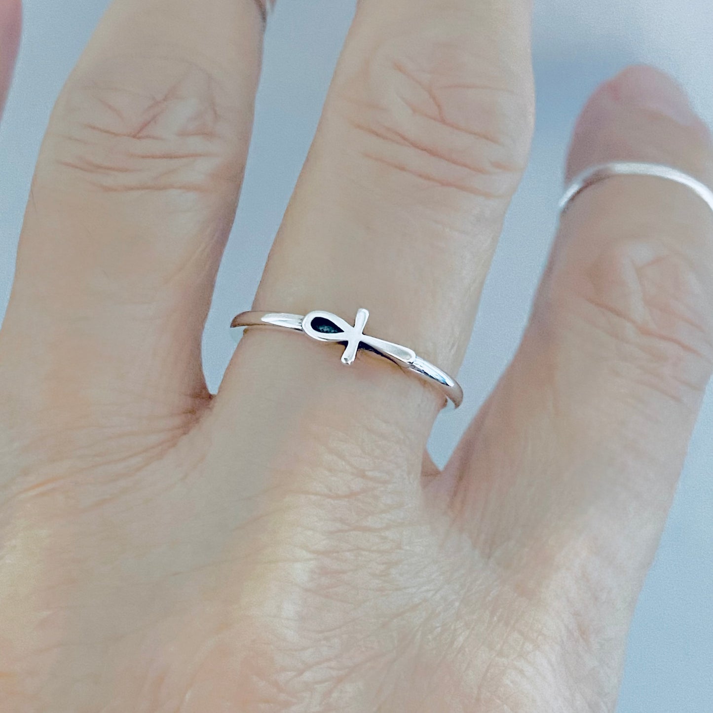 Sterling Silver Dainty Little Sideways Ankh Ring – Key of Life Minimalist Cross Silver Ring