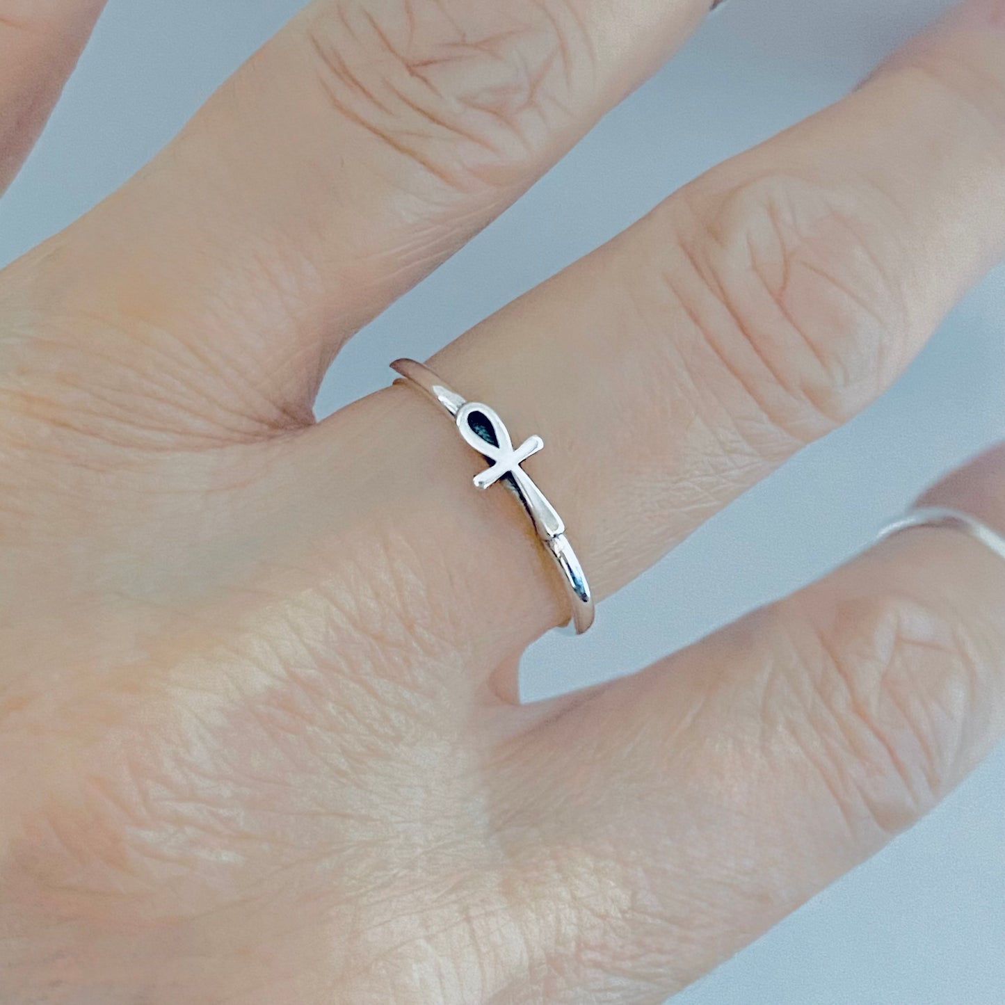 Sterling Silver Dainty Little Sideways Ankh Ring – Key of Life Minimalist Cross Silver Ring
