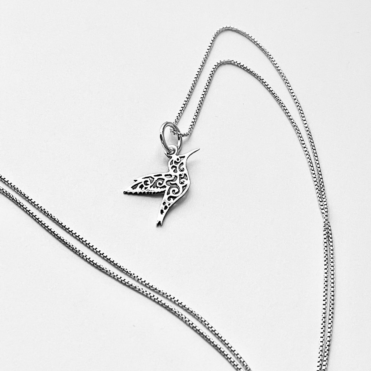925 Sterling Silver Little Thin Filigree Hummingbird Necklace | Delicate Spirit Bird Pendant Chain