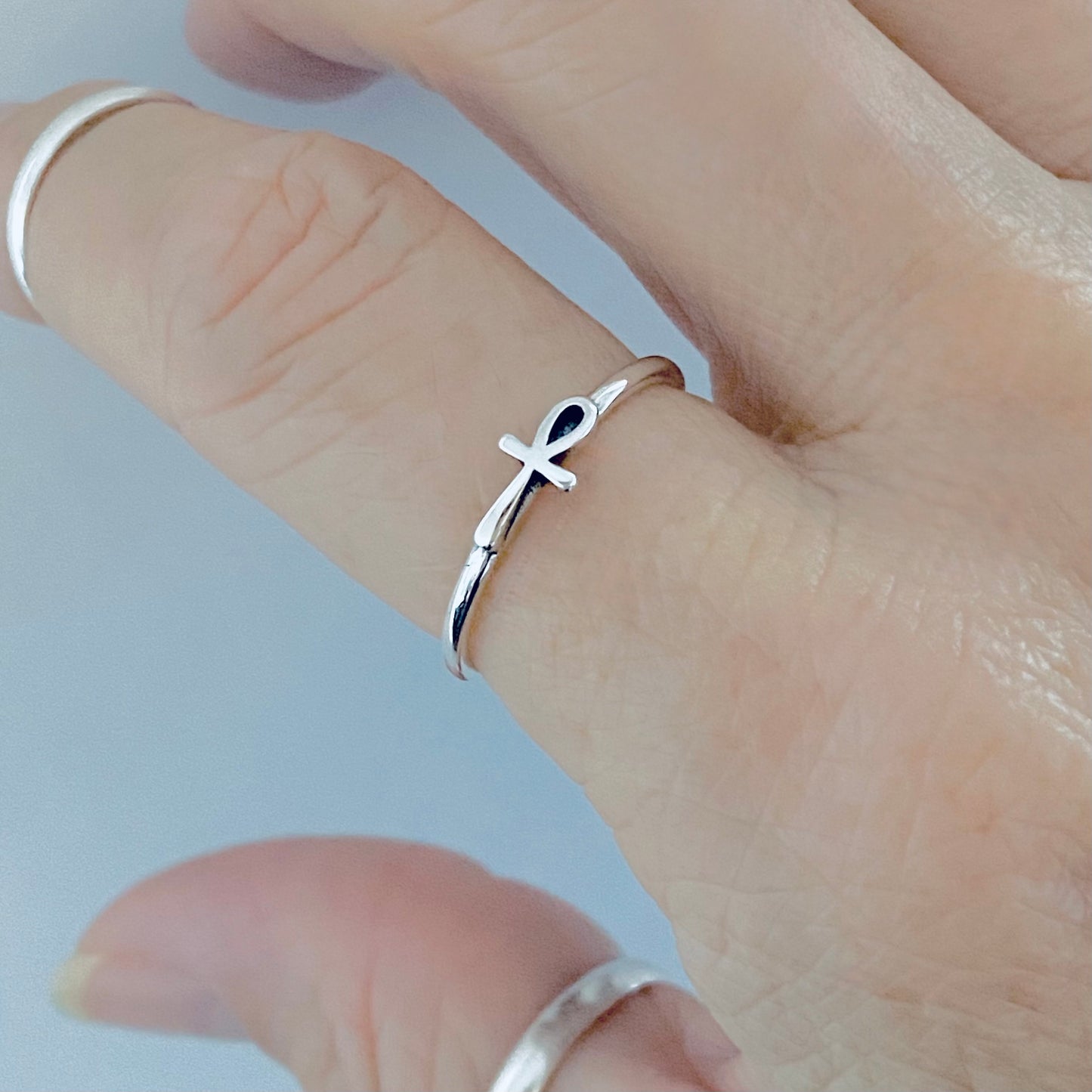 Sterling Silver Dainty Little Sideways Ankh Ring – Key of Life Minimalist Cross Silver Ring