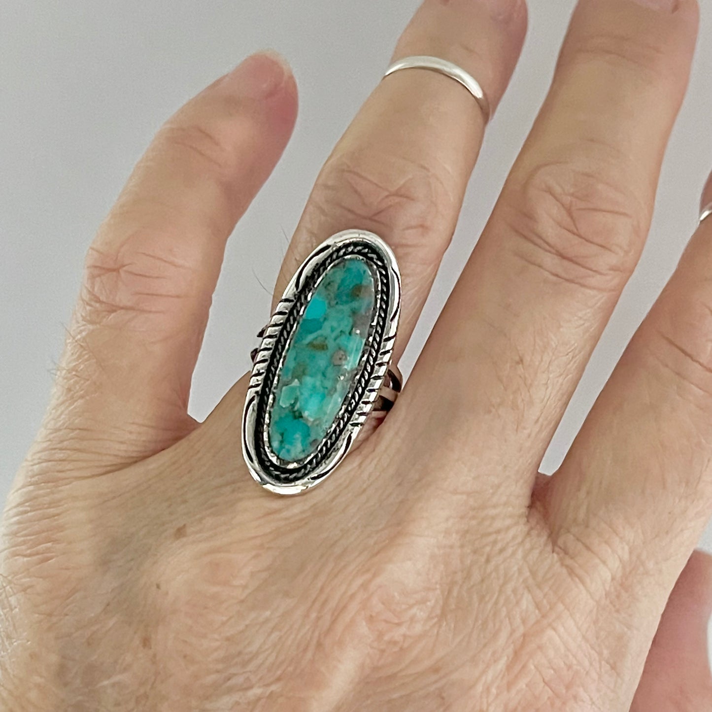 Sterling Silver Heavy Long Oval Genuine Turquoise Ring, Statement Silver Ring