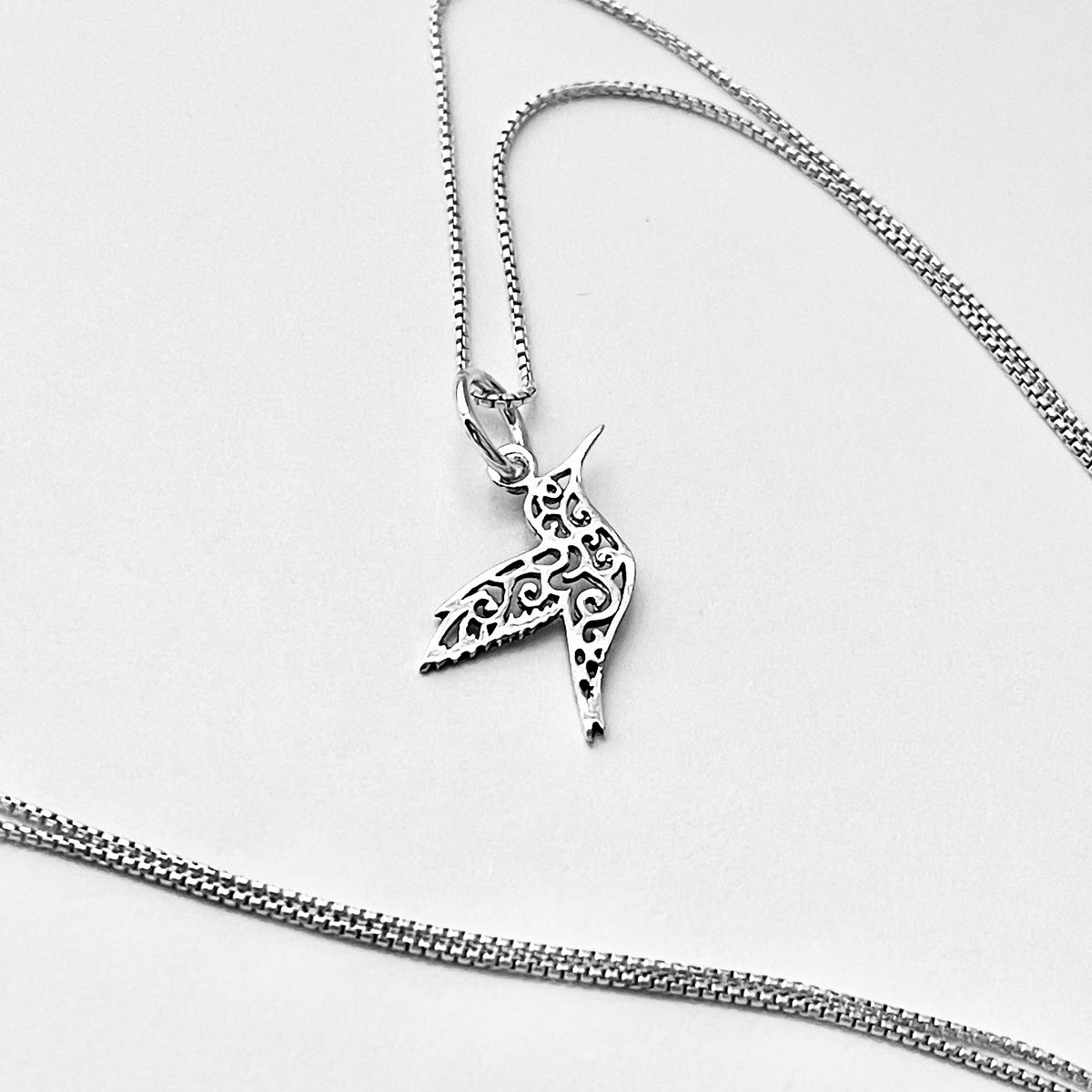 925 Sterling Silver Little Thin Filigree Hummingbird Necklace | Delicate Spirit Bird Pendant Chain