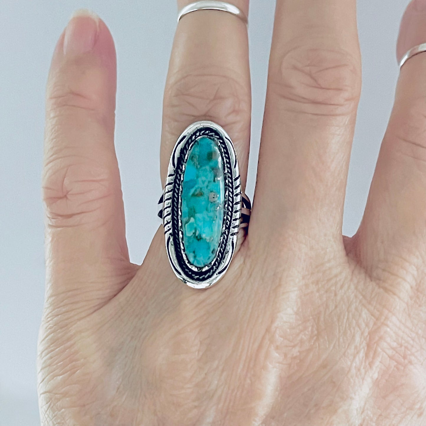 Sterling Silver Heavy Long Oval Genuine Turquoise Ring, Statement Boho Jewelry